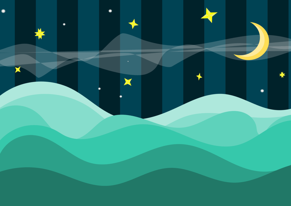 Wellen, Mond und Sternenhimmel bei NAcht