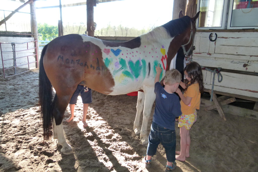 Kinder malen ein Pferd an