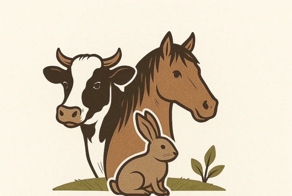 Zeichnung von Kuh, Pferd und Hase