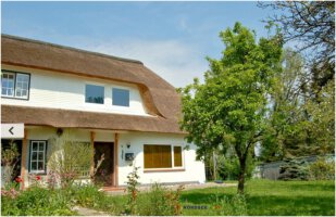 Reetdachhaus mit Gaube und Baum