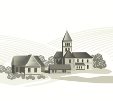 Dorfansicht mit Wohnhaus und Kirche