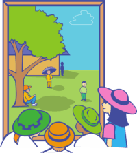 Gruppe von Menschen mit Hut die ein Bild betrachten