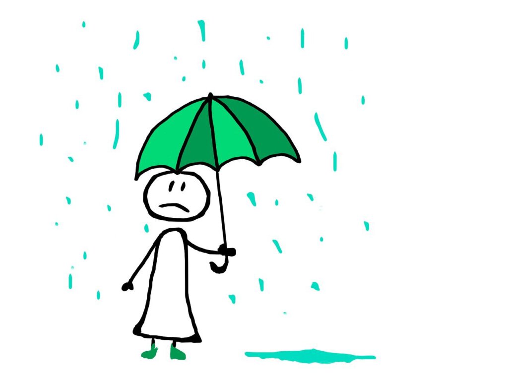 Strichmännchen mit Regenschirm im Regen