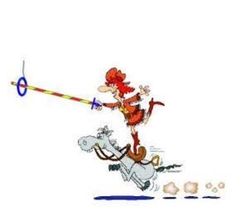 Mensch auf dem Pferd stehend sticht eine LAnze durch einen Ring